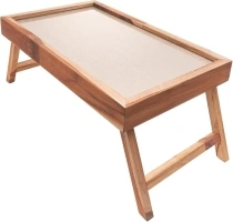 Teak Wood Bed Tray Table with Foldable Legs and Sisal Rope Base - Eco Friendly Brazilian Reforested Wood - Breakfast in Bed, Dinner Tray for Eating on The Couch, Laptop Desk - 20x12x9”