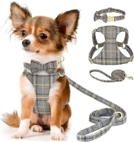 Beirui Lightweight Small Dog Harness Collar and Leash Set, Soft Cute Plaid Puppy Harness and Collar with Bowtie,Adjustable No Pull Pet Harness Small Sized Dog Cats Walking(Gray,XXS)