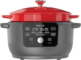 6-Quart 1500W Electric Dutch Oven with Recipe Book - Braise, Slow Cook, Sear, Warm, Red Enameled Cast Iron