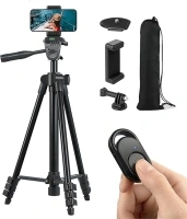 Camera Phone Tripod Stand: 51-Inch 130cm Lightweight Travel Tripod for iPhone with Remote & Phone Mount & GoPro Adapter Compatible with iPhone Android Cell Phone & Laser Level | Matte Black