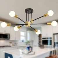 Modern Sputnik Chandelier 6-Lights Mid Century Semi Flush Mount Ceiling Light Fixtures, Black and Gold Industrial Pendant Light for Bedroom Kitchen Hallway