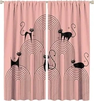 Mid Century Black Cat Curtains Pink Boho 1950s 60s Style Blackout Print Rod Pocket Window Drapes for Bedroom Living Room 42x45in