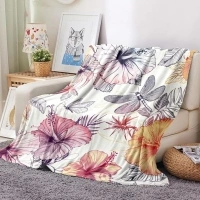 Watercolor Floral Throw Blanket Plant Flower Blanket Butterfly Dragonfly Throw Blanket Soft Flannel Fleece Blanket Cozy Fuzzy Plush Throw Blanket for Bed Sofa Travel 50” x 60”