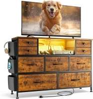 Lulive TV Stand Dresser Bedroom with 9 Drawer Storage, LED Dressers TV Stand Living Room w/Power Outlet, 50" 55" TV Stands with Led Light, Entertainment Center Open Shelve Side Pocket, Rustic Brown