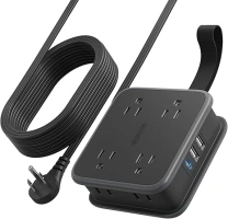 Flat Extension Cord Power Strip with 8 Widely Outlets 3 USB Ports(1 USBC), 6 Feet Black Extension Cord with Multiple Outlets, Wall Mount Outlet Extender for Home, Office, Dorm Room Essentials