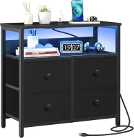 Yoobure Night Stand with Charge Station, Nightstand with 4 Drawers Bedside Table, LED Dresser with Storage Shelf, Night Stands for Bedroom, Side Table 3-Tier Wood End Table for Home, Office Black