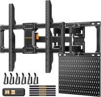 PERLEGEAR Full Motion TV Mount with Metal Pegboard for Most 42-84 inch Flat or Curved TVs up to 132 lbs, TV Wall Mount with Swivel & Tool-Free Tilt, Max VESA 600x400mm, Fits 12″/16″ Wood Studs, PGLF17