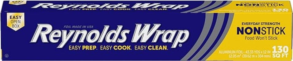 Reynolds Wrap Non Stick Aluminum Foil, Nonstick Aluminum Foil Roll, Prevents Food Sticking and Messy Cleanup, Great for Covering Casseroles and leftovers, 43.33 Yards x 12 Inches, 130 Sq.Ft.