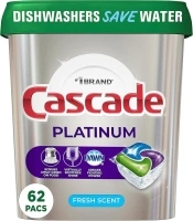 Cascade Platinum Dishwasher Pods, Detergent, Soap Pods, Actionpacs with Dishwasher Cleaner and Deodorizer Action, Fresh, 62 Count