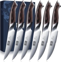 Steak Knives Set of 6, Ultra Sharp 4.5 Inch Serrated Steak Knife Set, Japanese AUS-10 High Carbon Steel Kitchen Steak Knives with Ergonomic Handle