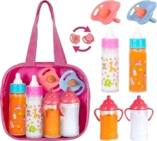 fash n kolor®, My Sweet Baby Disappearing Doll Feeding Set | Baby Care 6 Piece Doll Feeding Set for Toy Stroller | 2 Milk & Juic (Hot-Pink Bag)