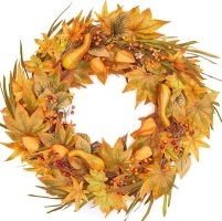 Fall Wreaths for Front Door 22 inch Maple Leaf Pumpkin Berry Fall Front Door Wreath Fall Decor for Thanksgiving Harvest Holloween Farmhouse Outside Autumn Decorations Indoor Outdoor (Yellow)