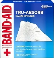 Band Aid Brand First Aid Products Tru-Absorb Sterile Gauze Sponges for Cleaning and Cushioning Minor Wounds, Cuts & Burns, Low-Lint Design, Individually Wrapped 4 in by 4 in Pads