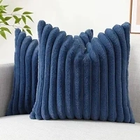 decorUhome Faux Fur Throw Pillow Covers 18x18 Set of 2, Decorative Soft Plush Striped Couch Pillow Covers with Velvet Back for Sofa, Bed, Living Room, Navy Blue