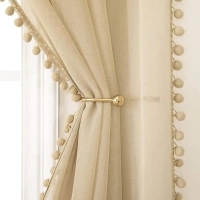 MIULEE Pompom Sheer Curtains 96 Inches Long for Kitchen Living Room-Linen Textured Window Voile Drapes for Light Filtering-2 Natural Beige Curtains Panles with Rod Pocket