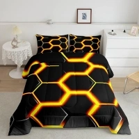 Honeycomb Comforter Set Full Size Kids Hexagonal Neon Ombre Black Yellow Comforter for Boys Teens Geometrical Bedding Set Beehive Duvet Set Room Decor Quilt Boys