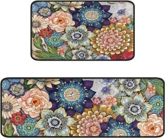 Faptoena Boho Floral Kitchen Rugs Set of 2,Bohemian Mandala Kitchen Mats for Floor, Vintage Flowers Non-Slip Washable Sink Mats Home Decor Doormat+Runner Rug