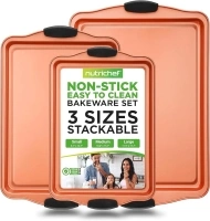 NutriChef Carbon Steel 3 Piece Baking Pan Set - Nonstick Flexible Stackable Bakeware w/Silicone Handles, 3 Qt.