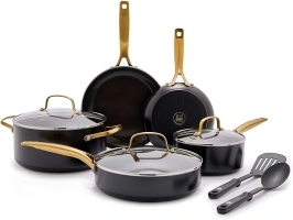 Blue Diamond Gold 10 Piece Cookware Pots and Pans Set, Induction Suitable, Diamond Infused PFAS and PFOA-Free Ceramic Nonstick, Durable, Metal Utensil Safe, Dishwasher Safe, Gold Handle, Black