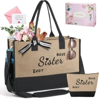 TRSODD Mothers Day Gifts for Sister, Personalized Birthday Gifts for Sister, Embroidery Ju-te Straw Beach Bags Best Sister Ever Tote Bag for Women w Makeup Bag Side Pocket Shoulder Strap Gift Box Card