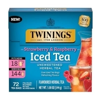 Twinings NEW Strawberry & Raspberry Herbal Iced Tea, 72 Deliciously Unsweetened Tea Bags, Makes 18 Pitchers or 144 Servings, Caffeine-Free, 72 Count (Pack of 1)