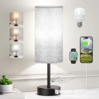 Grey Bedside Lamp for Bedroom Nightstand - Small Table Lamp with USB A + C Charging Port, 3 Color Temperatures Pull Chain Night Stand Light with Bulb, Side Table Desk Reading Lamp for Living Room/Dorm