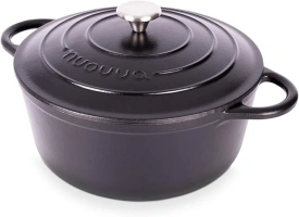 Cast Iron Dutch Oven with Lid – Non-Stick Ovenproof Enamelled Casserole Pot, Oven Safe up to 500° F – Sturdy Dutch Oven Cookware – Black, 6.4-Quart, 28cm – by Nuovva