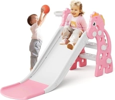 67i Toddler Slide Indoor Slide for Toddlers Age 1-3 Slide for Kids Slide Toddler Kids Indoor Outdoor Slide Baby Slide Plastic Slide Play Slide with Basketball Hoop and Ball Foldable Slide (Pink)