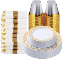 Goodluck 175 Piece Gold Plastic Dinnerware Set for 25 Guests, Disposable Lace Plates for Party, Include: 25 Gold Dinner Plates, 25 Dessert Plates, 25 Pre Rolled Napkins with Silverware, 25 Cups