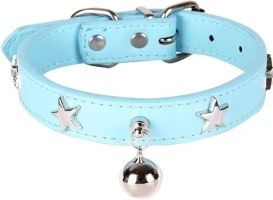 Dog Collars with Bell, Dog Necklace with Star Studded Leather Pet Collar for Small Medium Large Dog Cat Girl Boy (M: 11 - 14 in, Blue)