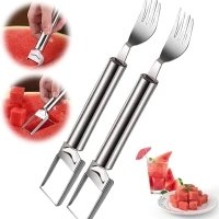 2024 Watermelon Cutter, 2-in-1 Stainless Steel Watermelon Slicer, Upgraded Portable Watermelon Cutter Slicer Tool, Dual Head Fruit Forks Slicer Knife with Round Handle, Silver