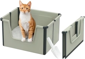 JoyPlus Travel cat Litter Box, Foldable High Side Low Entry Cat Potty Pan, Open Top Kitty Litter Tray, Anti Splashing Non-Stick Pet Toilet with Scoop, Indoor and Outdoor(Grey)