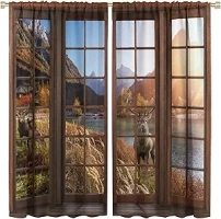 Autumn Rustic Landscape Curtains, Vintage Rural Forest Lakeside Wooden Log Cabin Wild Animal Deer, Blackout Rod Pocket Window Drapes for Living Room Bedroom (21x63in) x2 Panels