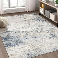 Area Rug Living Room Rugs - 4x6 Abstract Large Soft Indoor Washable Rug Neutral Modern Low Pile Carpet for Bedroom Dining Room Farmhouse Home Office - Beige Blue