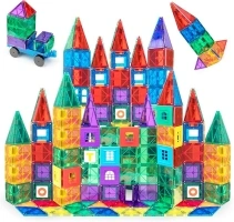 Playmags 150-Piece Magnetic Tiles Building Set – 3D Magnet Building Blocks, Creative Imagination, Inspirational, Educational STEM Toys for Kids with 1 Car