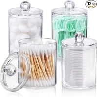 4 Pack Qtip Holder Dispenser for Cotton Swabs, Balls, Cotton Pads, Floss Picks - Small Clear Plastic Canister Apothecary Jar Set, Bathroom Essentials Accessories Decor, Vanity Makeup Storage Organizer