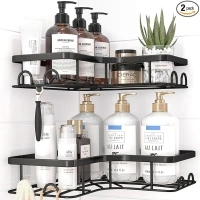 Corner Shower Caddy - 2 Pack, Adhesive Shower Organizers, Rustproof Stainless Steel Shower Shelves with 8 Hooks, No Drilling Bathroom Organizers and Storage Racks, Space-Saving, Black,Medium