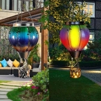 Solar Hot Air Balloon with Candle Holder - Waterproof Solar Lantern with Flickering Flame Metal & Glass Waterproof Lanterns for Garden Patio Pathway Yard Porch Decor Multi-Color