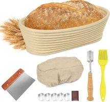 Bread Proofing Basket, 8 inch Oval Proofing Bowl with Linen Liner for Sourdough Bread, Banneton Basket Kit with Silicone Bread Sling, Silicone Brush, Bread Lame and Bread Scraper