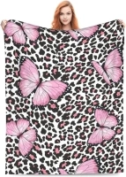 Leopard Blanket for Women Girls Leopard Blanket Gifts 60" X 50" Flannel Pink Butterfly and Leopard Design Throw Blankets for Bed Living Room Sofa Couch Soft Warm Lightweight Cozy Leopard Decor