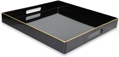 Spsyrine Black Decorative Tray for Living Room, Square Modern Plastic Coffee Serving Table Tray for Ottoman Bathroom Kitchen, 13"*13"