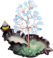 PESOENTH Ceramic Backflow Incense Burner Waterfall Handcraft Aquamarine Crystals Tree Lotus Pond Incense Cone Holder for Home Aromatherapy Healing Relaxation Yoga Meditation Room Decor