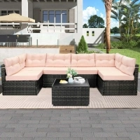 7 Piece Rattan Sectional Sofa Set, Outdoor Conversation Set, All-Weather Wicker Sectional Seating Group with Cushions & Coffee Table, Morden Furniture Couch Set for Patio Deck Garden Pool