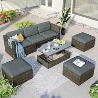 EMKK Patio Furniture Sets, 6 Piece Outdoor Wicker Rattan Sectional Sofa with Tempered Glass Coffee Table, Couch, Loveseat, Chairs with Cushions Conversation Garden, 1, Dark Gray