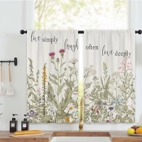 Wildflower Plant Kitchen Curtains 27.5W x 39L Inch Herb Green Leaves Plant Floral Flower Vintage Botanical Farmhouse Rod Pocket Short Cafe Small Bathroom Window Treatment Drapes Decor 2 Panels