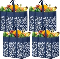 WOWBOX Reusable Grocery Bags Foldable Tote Bags Bulk with Reinforced Handles Shopping Bags for Groceries Heavy Duty Large Bags Kitchen Reusable Grocery Bags with Waterproof Coating 4-Pack, Blue