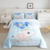 Kawaii Elephant Full Size Comforter Set,Cute Cartoon Elephant Baby Animal Bedding Comforters Bedroom Collection,Blue Balloon Sky Cloud Print Boys Bedding Set for Girls Teens