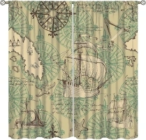 Retro Nautical Curtains, Pirate Ship Lighthouse Compass Scene Decoration in map, Blackout Curtains for Bedroom Living Room,42X45 Inch