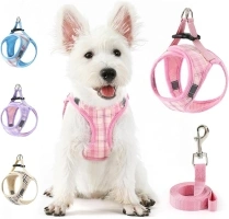 voopet Small Dog Harness and Leash Set Lightweight Cat Comfort Padded Soft Mesh Vest Step in Dog Harness No Pull No Choke Reflective Small Plaid Girl & Boy Puppy Kitty Harness, Pink L