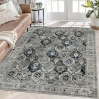 Lahome Living Room Rug Ultra Soft Rugs for Bedroom, Washable Rug with Anti-Slip Backing, Moroccan Trellis Low Pile Printed Indoor Carpet for Office Nursery Dining Table, Grey/Blue 8x10ft